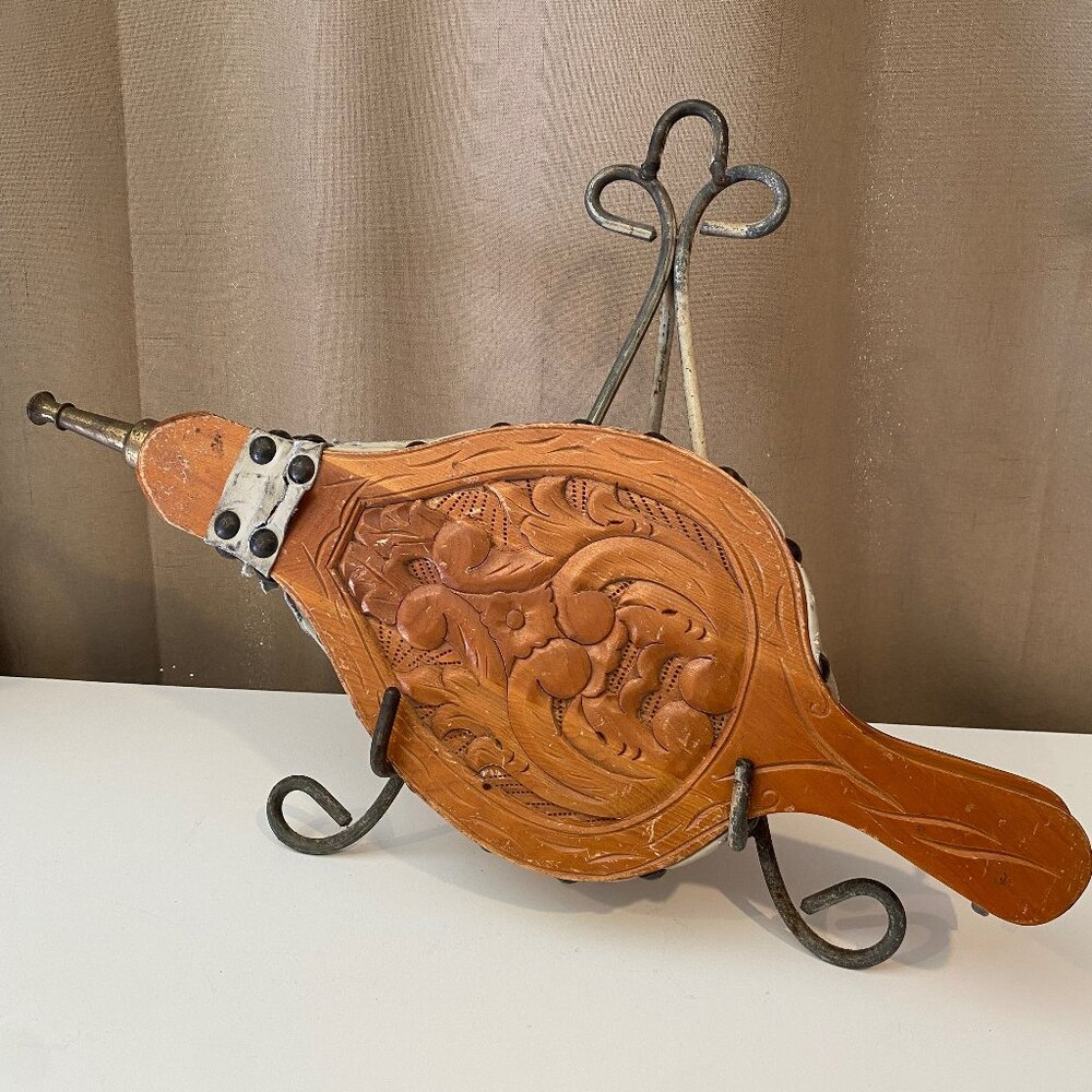 Vintage Carved‎ Wood Fireplace Bellow Ornate Leather & Metal 20.5"x7.25"